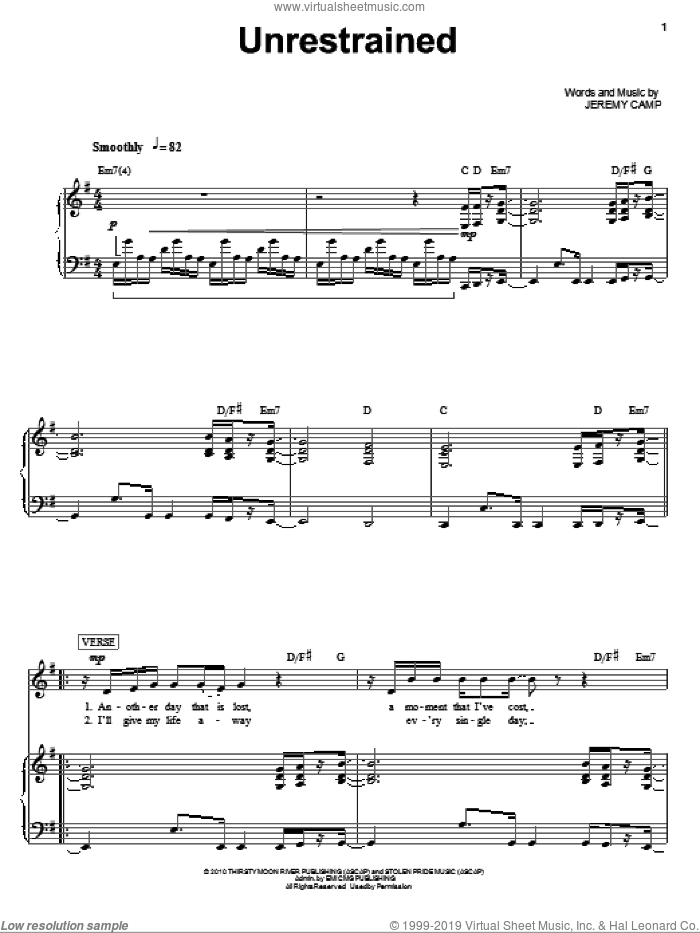 Unrestrained sheet music for voice, piano or guitar by Jeremy Camp, intermediate skill level