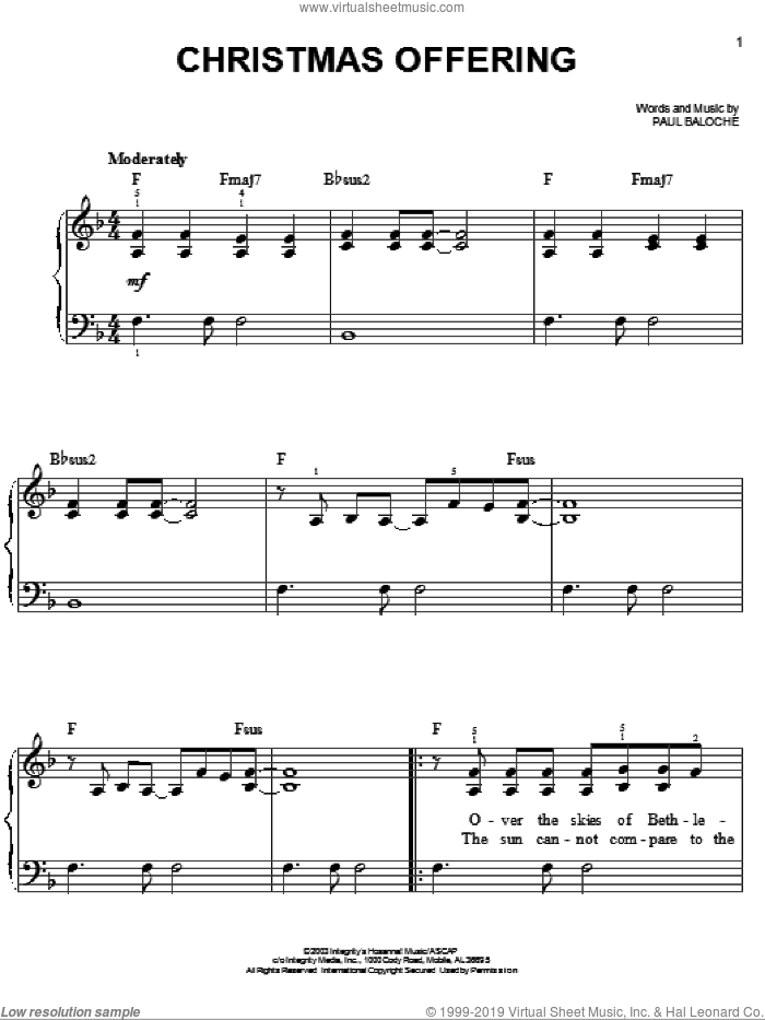 Christmas Offering sheet music for piano solo by Casting Crowns and Paul Baloche, easy skill level