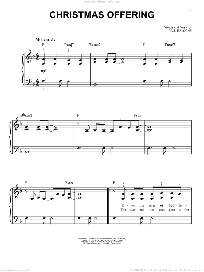 Christmas Offering sheet music for piano solo by Casting Crowns and Paul Baloche, easy skill level