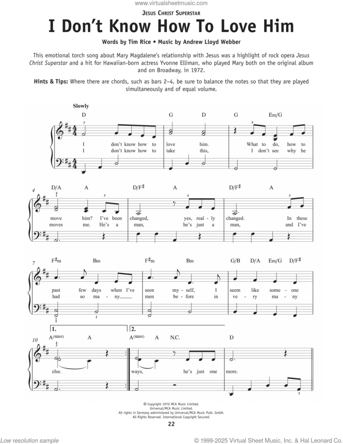 I Don't Know How To Love Him (from Jesus Christ Superstar) sheet music for piano solo by Helen Reddy, Andrew Lloyd Webber and Tim Rice, beginner skill level