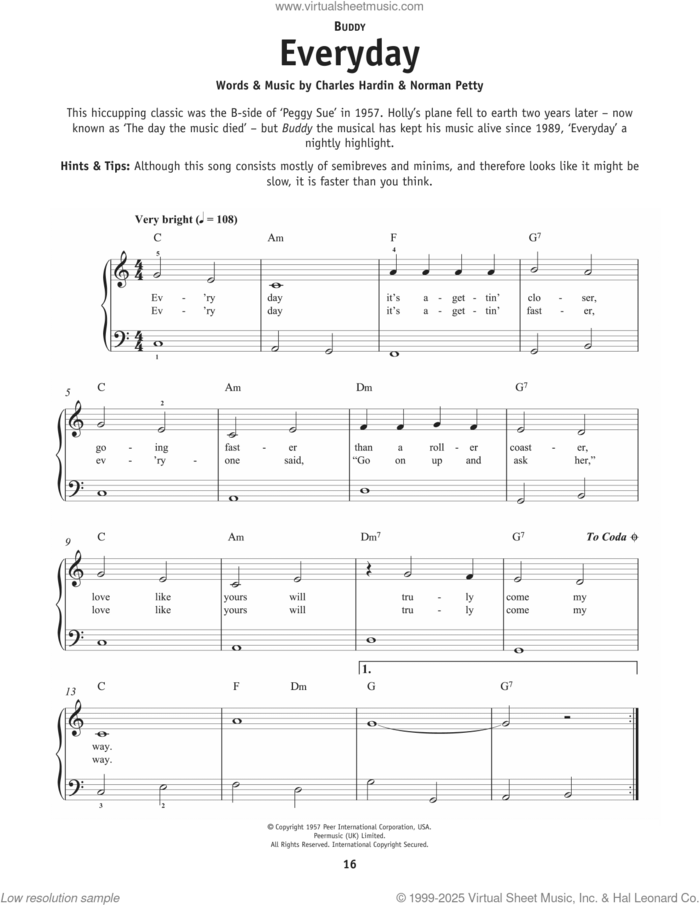 Everyday sheet music for piano solo by Buddy Holly and Norman Petty, beginner skill level