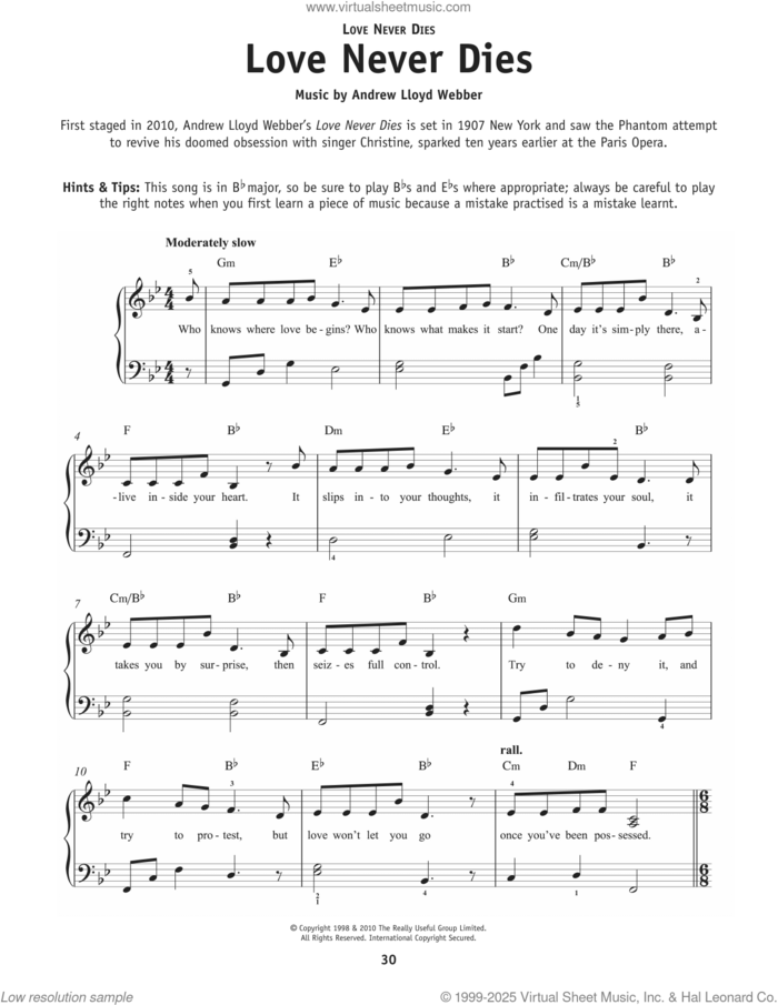 Love Never Dies sheet music for piano solo by Glenn Slater and Andrew Lloyd Webber, beginner skill level