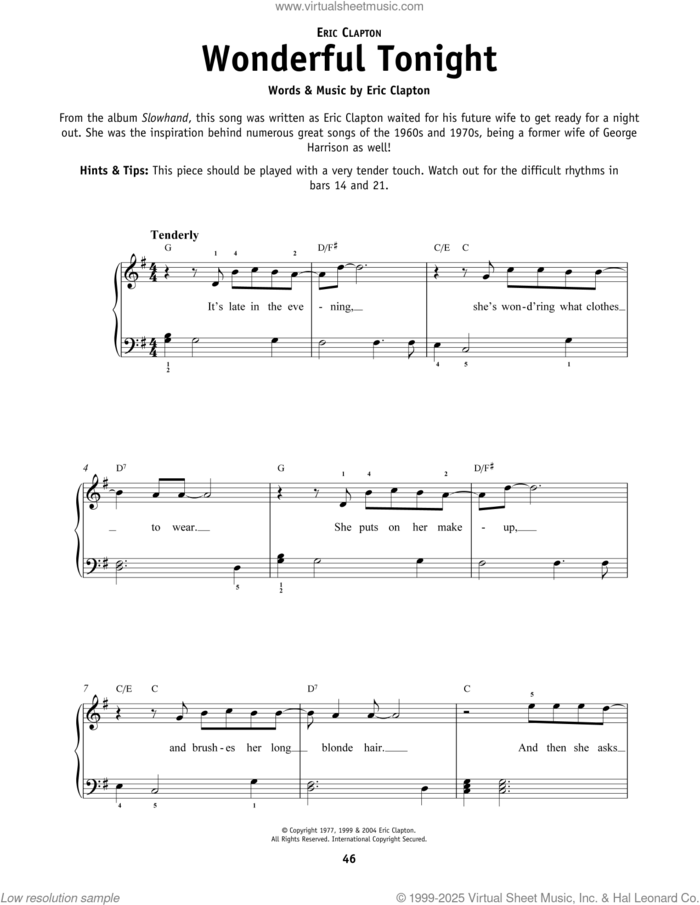 Wonderful Tonight sheet music for piano solo by Eric Clapton, beginner skill level