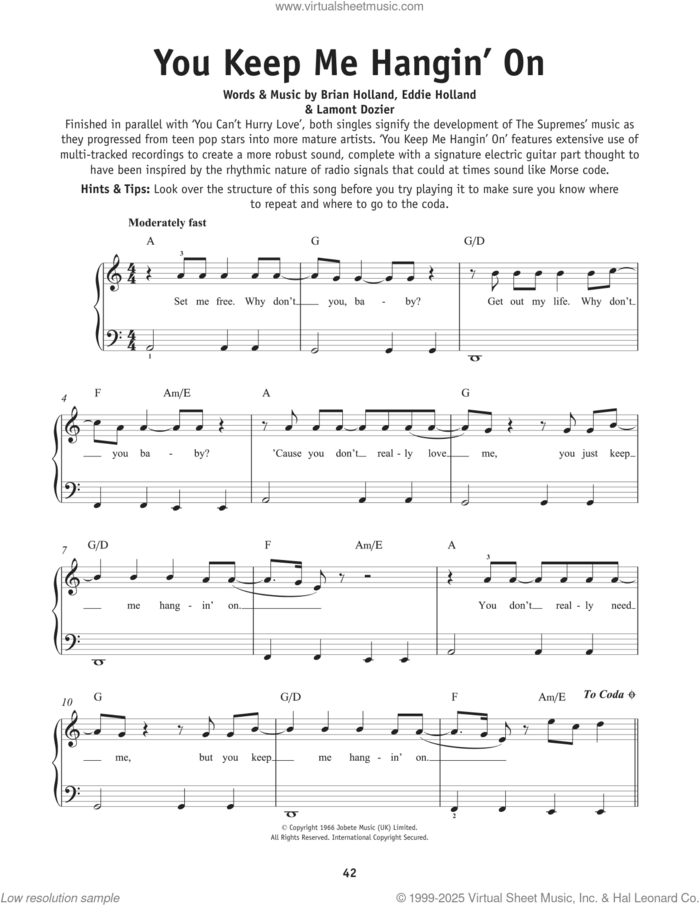 You Keep Me Hangin' On sheet music for piano solo by The Supremes, Brian Holland, Edward Holland Jr. and Lamont Dozier, beginner skill level