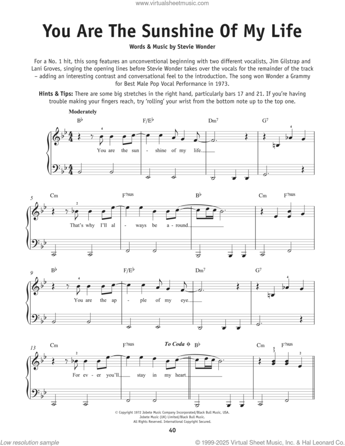 You Are The Sunshine Of My Life sheet music for piano solo by Stevie Wonder, beginner skill level