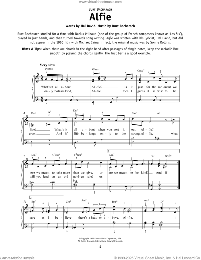 Alfie sheet music for piano solo by Dionne Warwick, Burt Bacharach and Hal David, beginner skill level