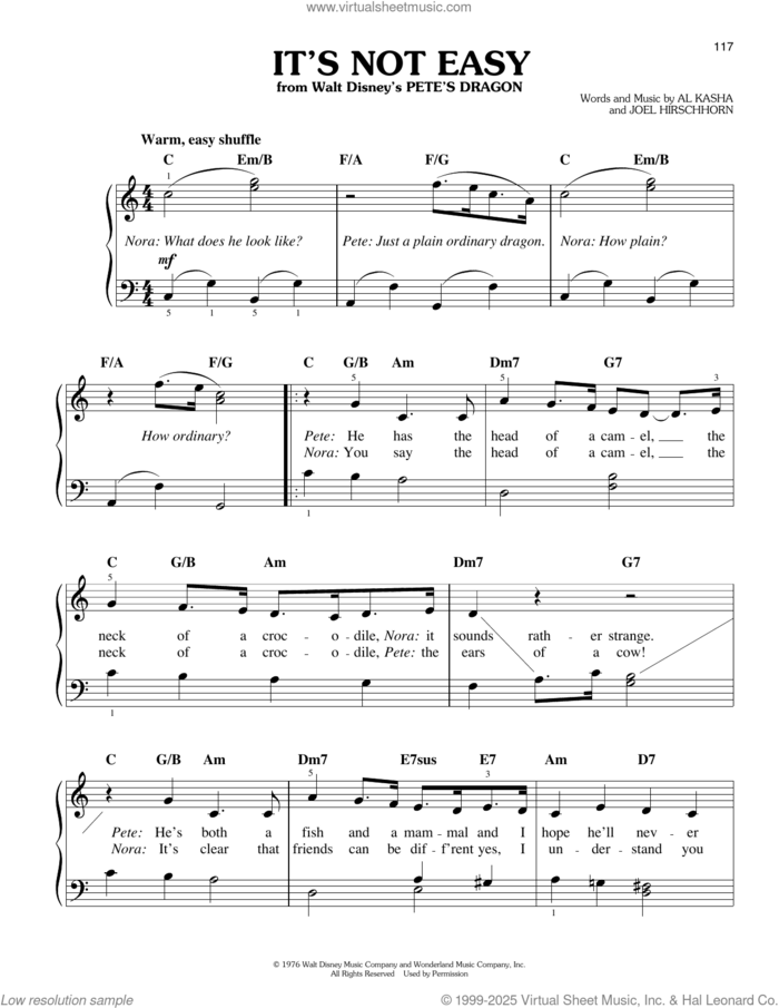 It's Not Easy (from Pete's Dragon) sheet music for piano solo by Kasha & Hirschhorn, Al Kasha and Joel Hirschhorn, easy skill level