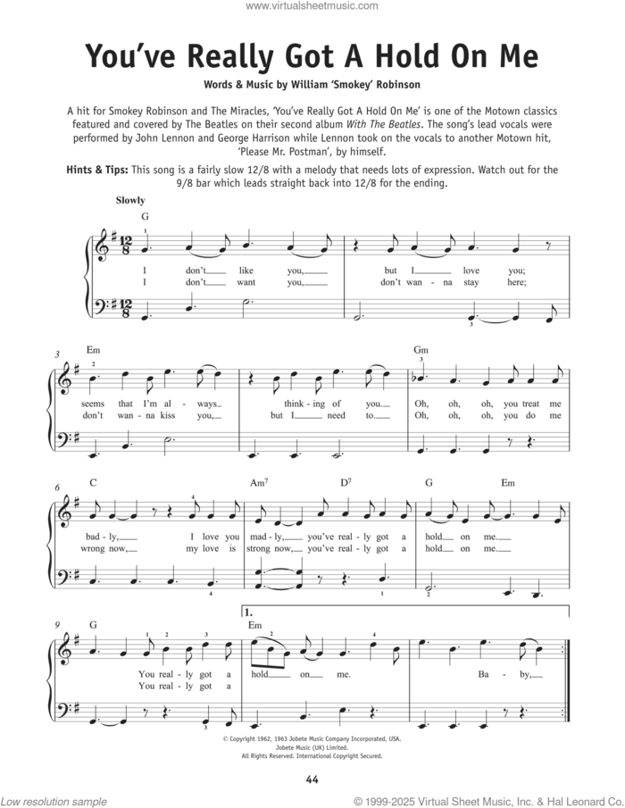 You've Really Got A Hold On Me sheet music for piano solo by William 'Smokey' Robinson, beginner skill level