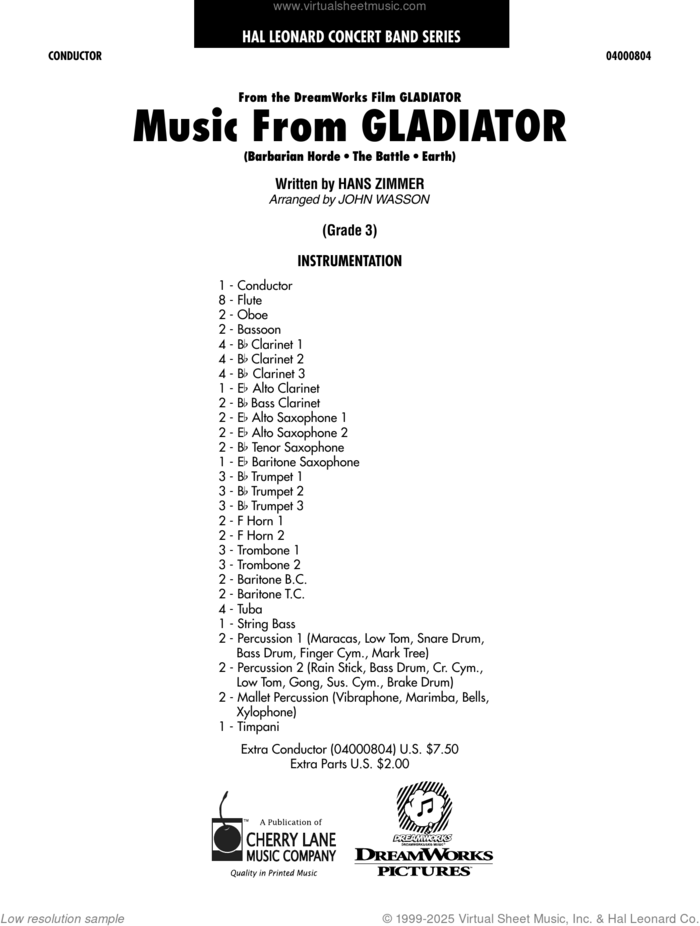 Music from Gladiator (arr. John Wasson) (COMPLETE) sheet music for concert band by Hans Zimmer and John Wasson, intermediate skill level