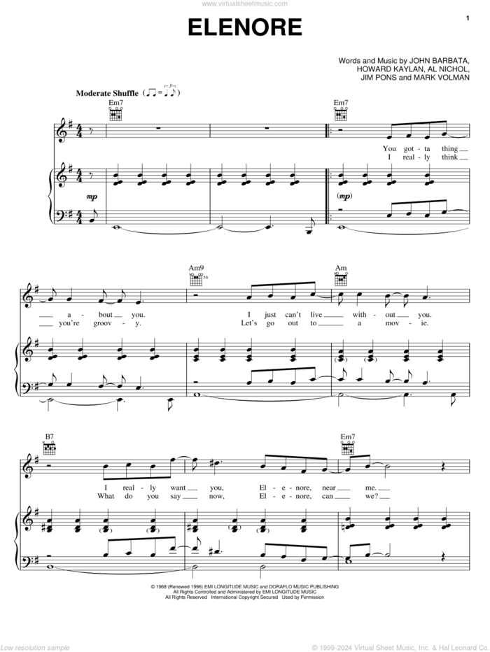 Elenore sheet music for voice, piano or guitar by The Turtles, Al Nichol, Howard Kaylan, Jim Pons, John Barbata and Mark Volman, intermediate skill level