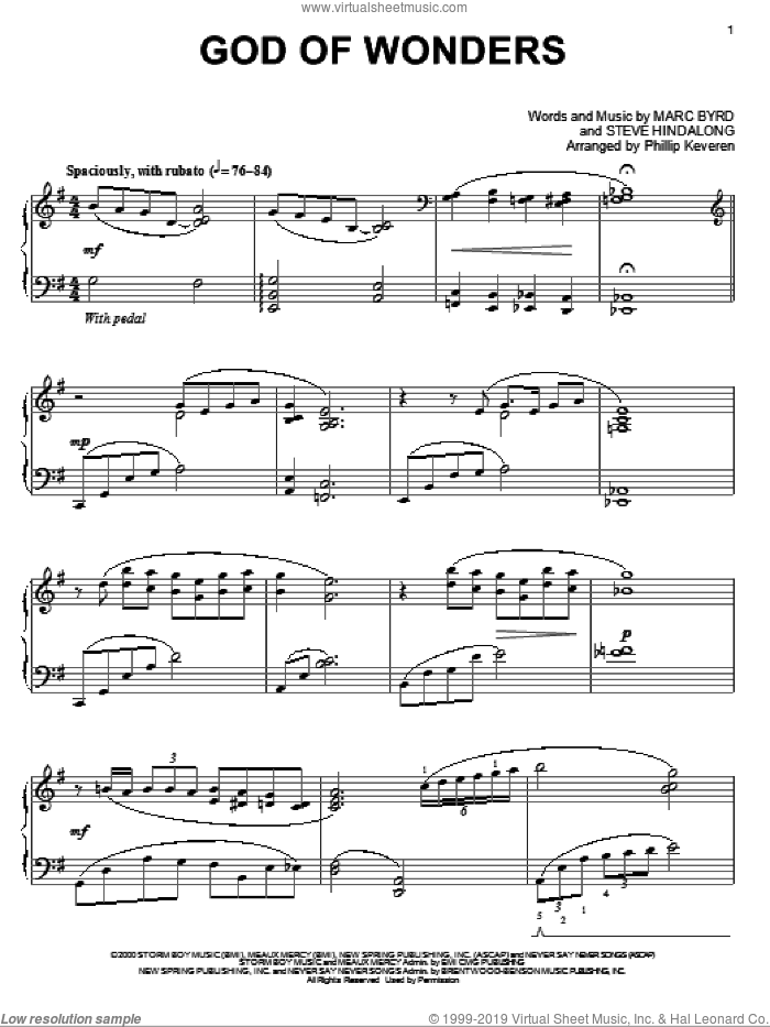 God Of Wonders [Jazz version] (arr. Phillip Keveren) sheet music for piano solo by Marc Byrd, Phillip Keveren and Steve Hindalong, intermediate skill level