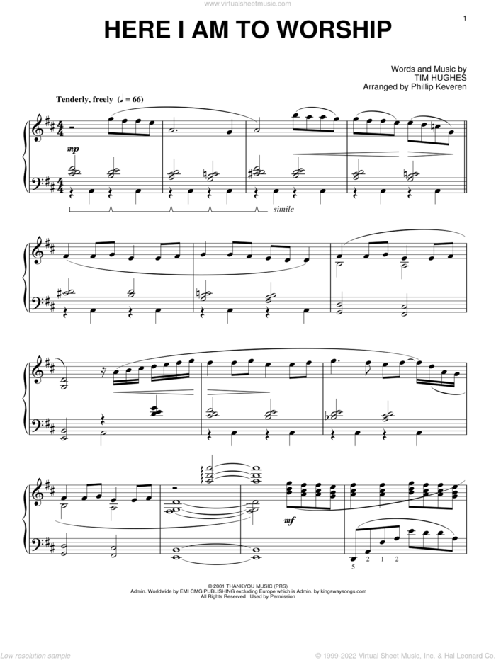 Here I Am To Worship [Jazz version] (arr. Phillip Keveren) sheet music for piano solo by Phillips, Craig & Dean, Phillip Keveren and Tim Hughes, intermediate skill level