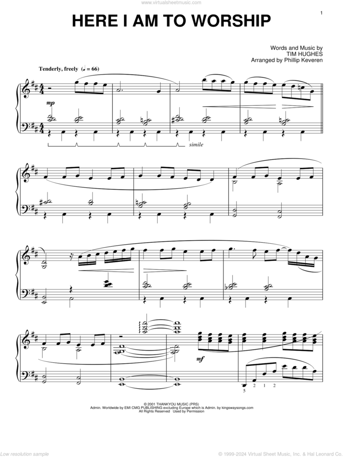 Here I Am To Worship [Jazz version] (arr. Phillip Keveren) sheet music for piano solo by Phillips, Craig & Dean, Phillip Keveren and Tim Hughes, intermediate skill level