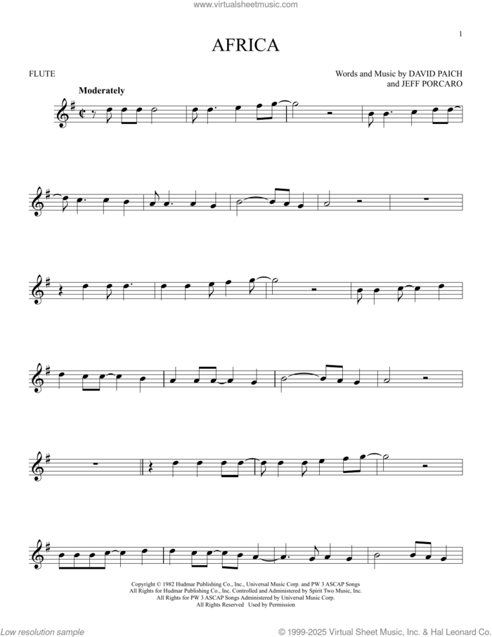 Africa sheet music for flute solo by Toto, David Paich and Jeff Porcaro, intermediate skill level