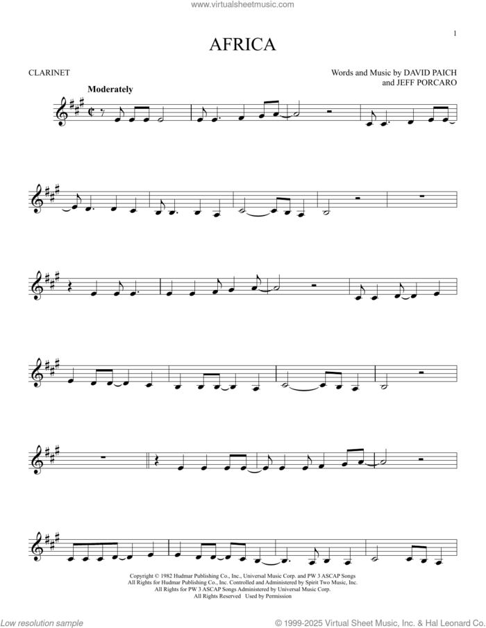 Africa sheet music for clarinet solo by Toto, David Paich and Jeff Porcaro, intermediate skill level