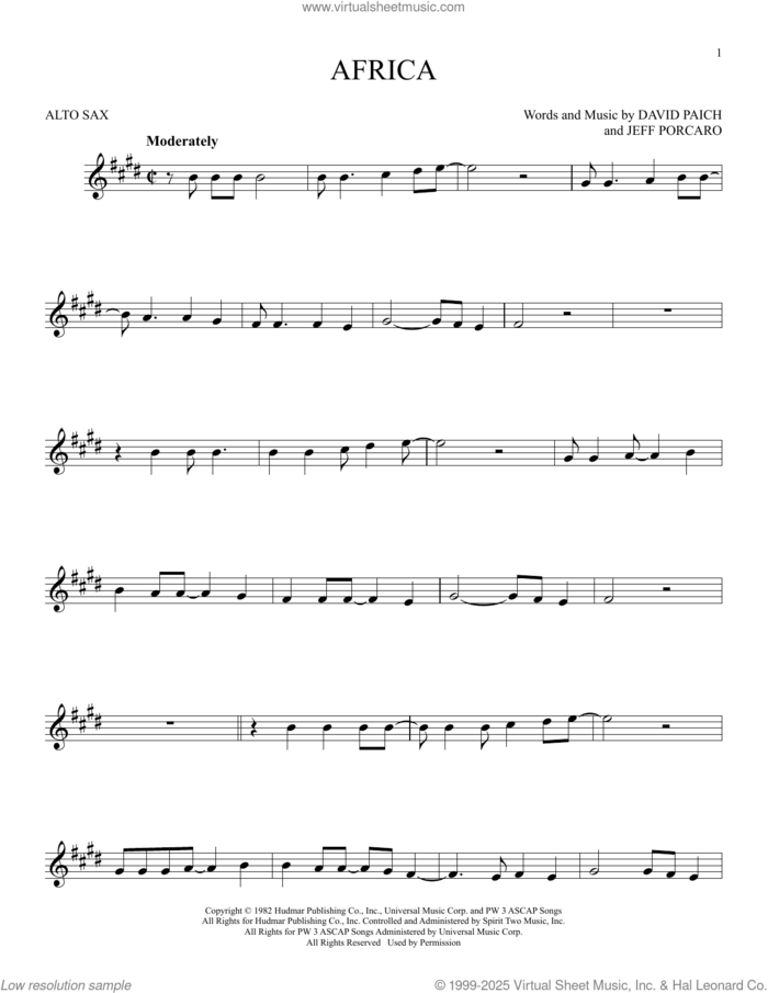 Africa sheet music for alto saxophone solo by Toto, David Paich and Jeff Porcaro, intermediate skill level