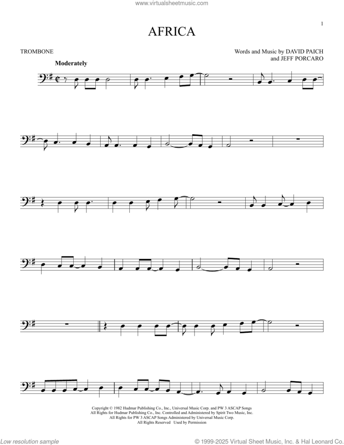 Africa sheet music for trombone solo by Toto, David Paich and Jeff Porcaro, intermediate skill level