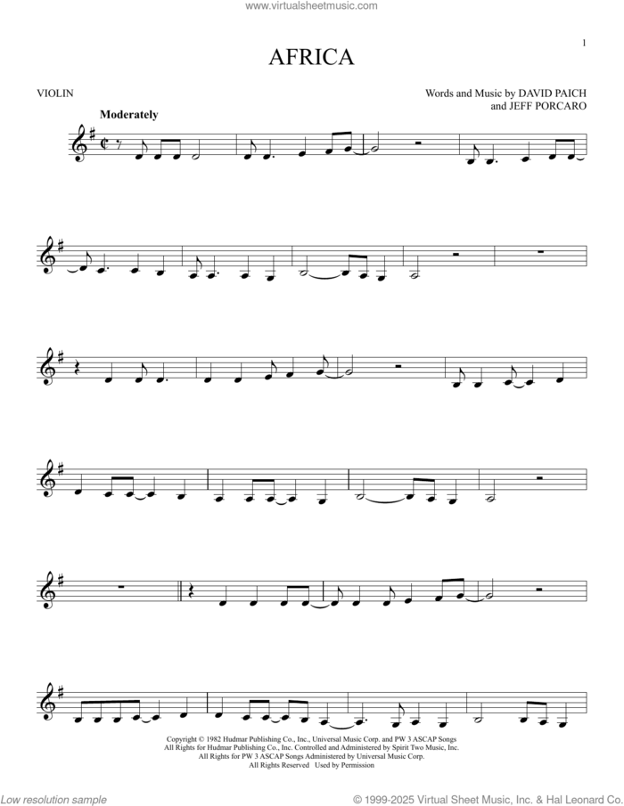 Africa sheet music for violin solo by Toto, David Paich and Jeff Porcaro, intermediate skill level