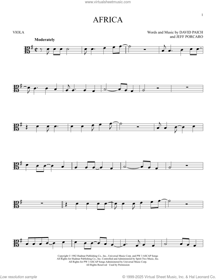 Africa sheet music for viola solo by Toto, David Paich and Jeff Porcaro, intermediate skill level