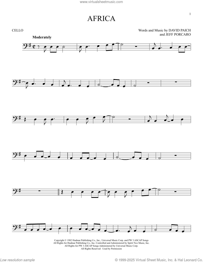 Africa sheet music for cello solo by Toto, David Paich and Jeff Porcaro, intermediate skill level