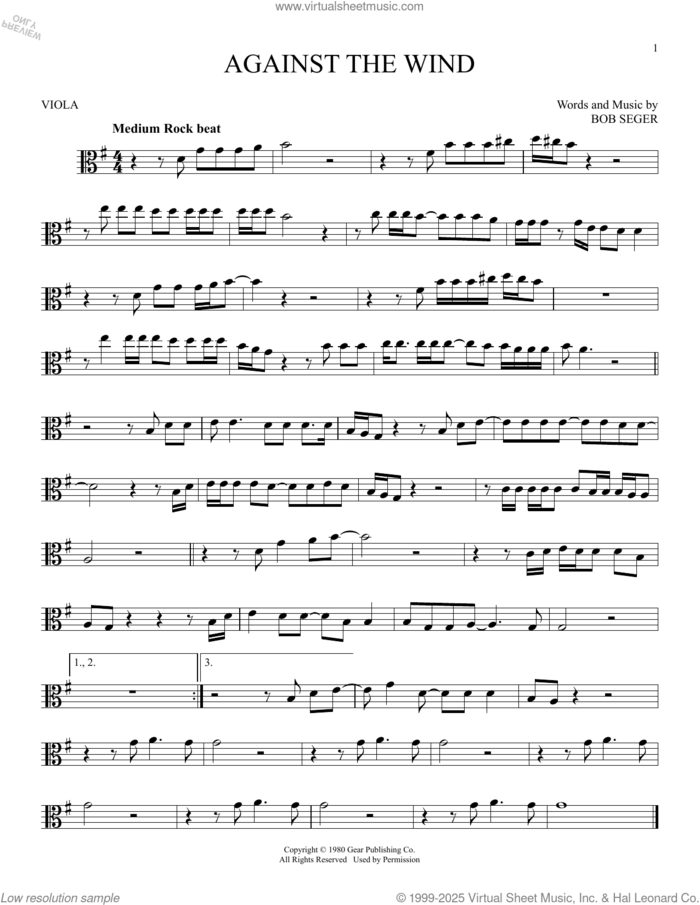 Against The Wind sheet music for viola solo by Bob Seger & The Silver Bullet Band and Bob Seger, intermediate skill level