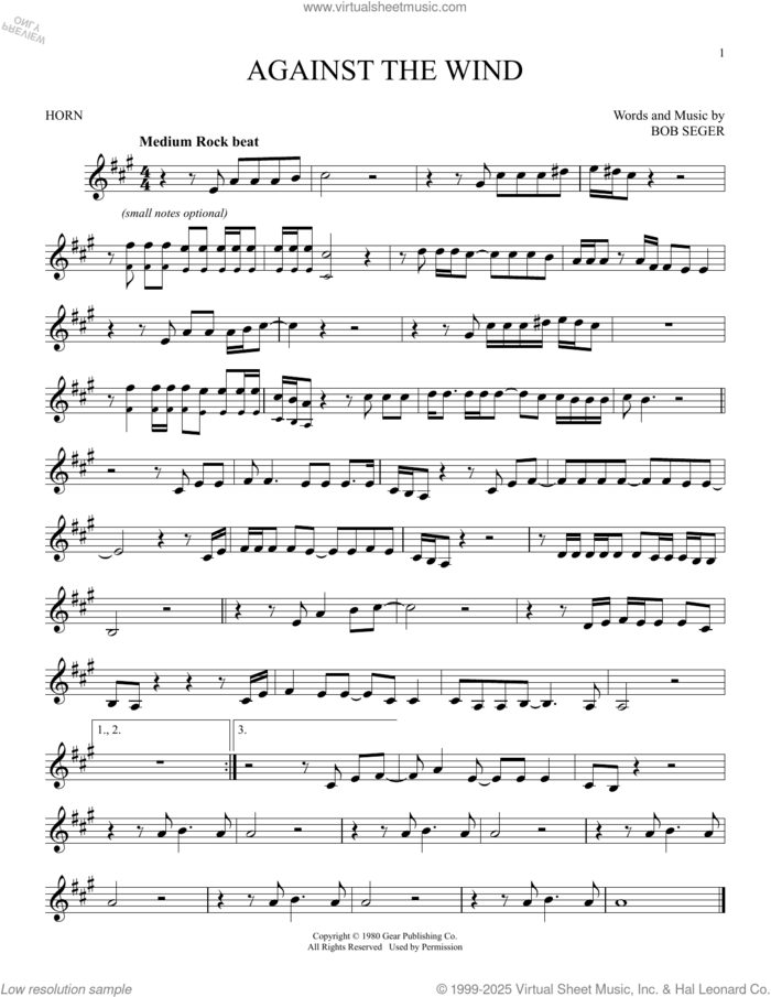 Against The Wind sheet music for horn solo by Bob Seger & The Silver Bullet Band and Bob Seger, intermediate skill level