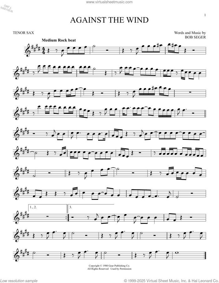 Against The Wind sheet music for tenor saxophone solo by Bob Seger & The Silver Bullet Band and Bob Seger, intermediate skill level