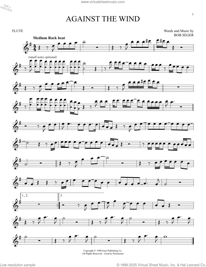 Against The Wind sheet music for flute solo by Bob Seger & The Silver Bullet Band and Bob Seger, intermediate skill level