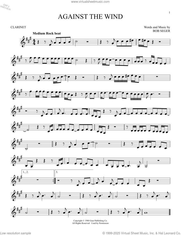 Against The Wind sheet music for clarinet solo by Bob Seger & The Silver Bullet Band and Bob Seger, intermediate skill level