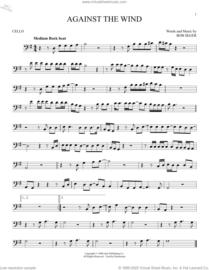 Against The Wind sheet music for cello solo by Bob Seger & The Silver Bullet Band and Bob Seger, intermediate skill level