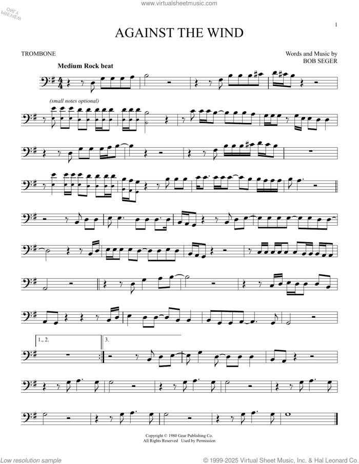 Against The Wind sheet music for trombone solo by Bob Seger & The Silver Bullet Band and Bob Seger, intermediate skill level