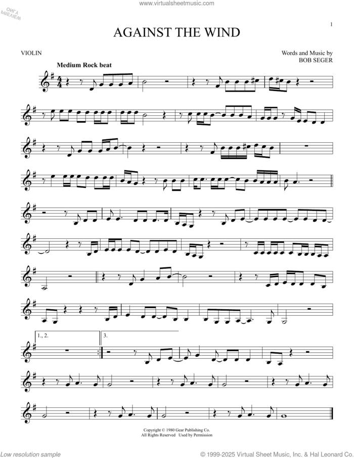 Against The Wind sheet music for violin solo by Bob Seger & The Silver Bullet Band and Bob Seger, intermediate skill level