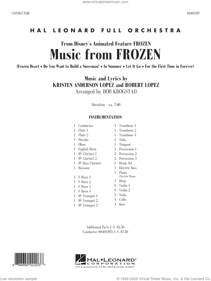 Music from Frozen (arr. Bob Krogstad) (COMPLETE) sheet music for full orchestra by Kristen Anderson-Lopez & Robert Lopez, Bob Krogstad, Kristen Anderson-Lopez and Robert Lopez, intermediate skill level