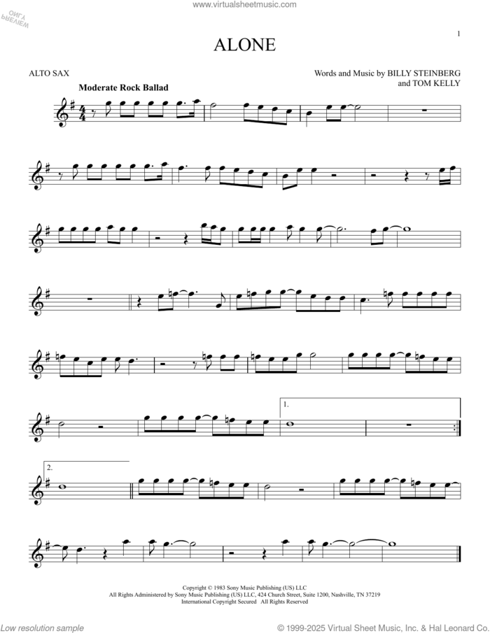 Alone sheet music for alto saxophone solo by Heart, Billy Steinberg and Tom Kelly, intermediate skill level