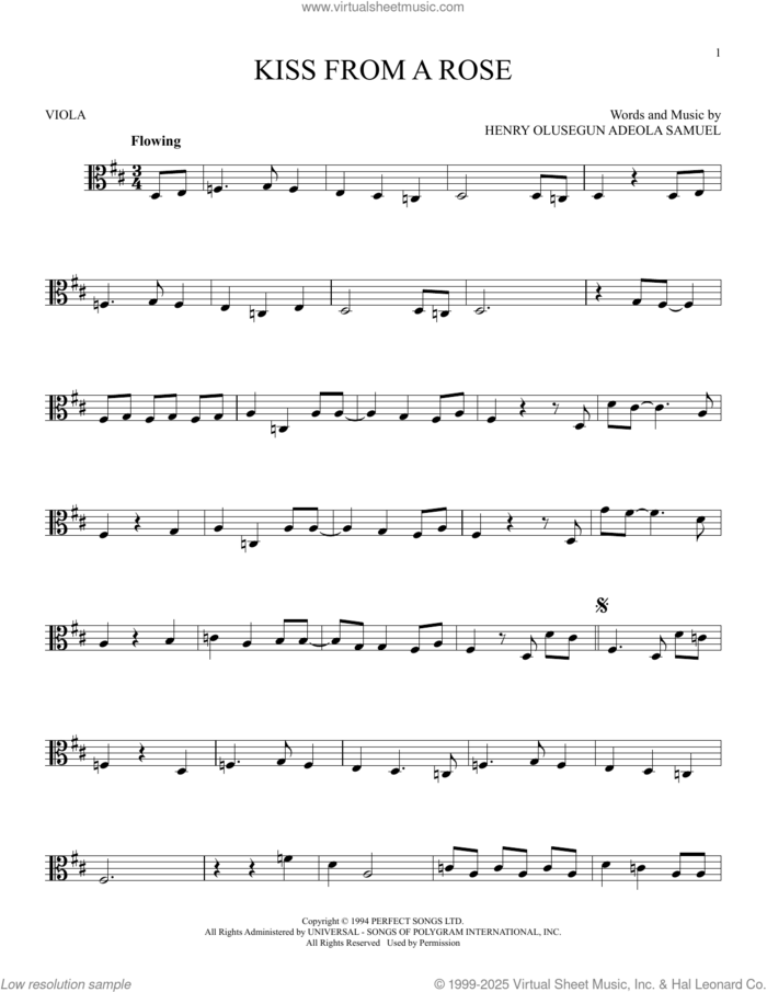 Kiss From A Rose sheet music for viola solo by Manuel Seal and Henry Olusegun Adeola Samuel, intermediate skill level