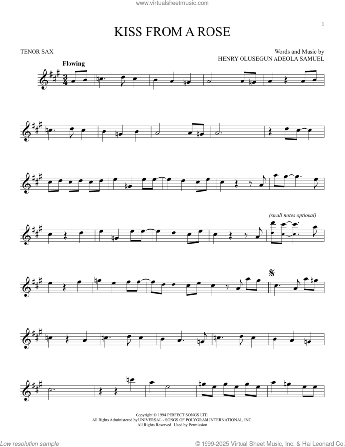 Kiss From A Rose sheet music for tenor saxophone solo by Manuel Seal and Henry Olusegun Adeola Samuel, intermediate skill level