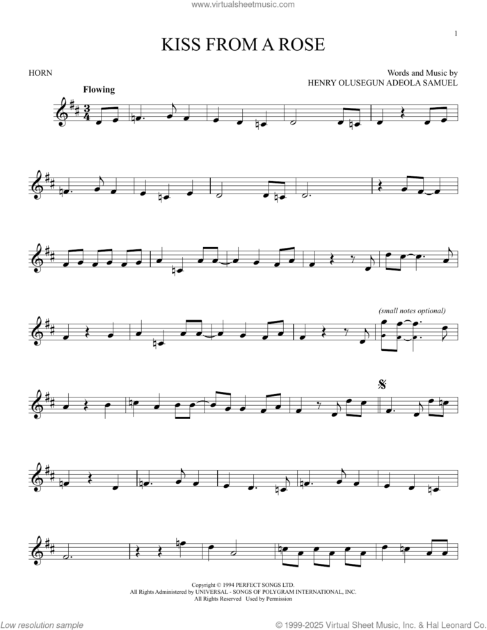 Kiss From A Rose sheet music for horn solo by Manuel Seal and Henry Olusegun Adeola Samuel, intermediate skill level