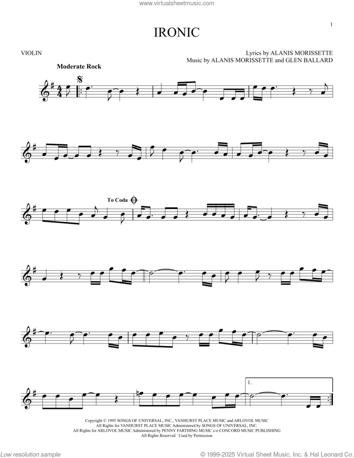 Ironic sheet music for violin solo by Alanis Morissette and Glen Ballard, intermediate skill level