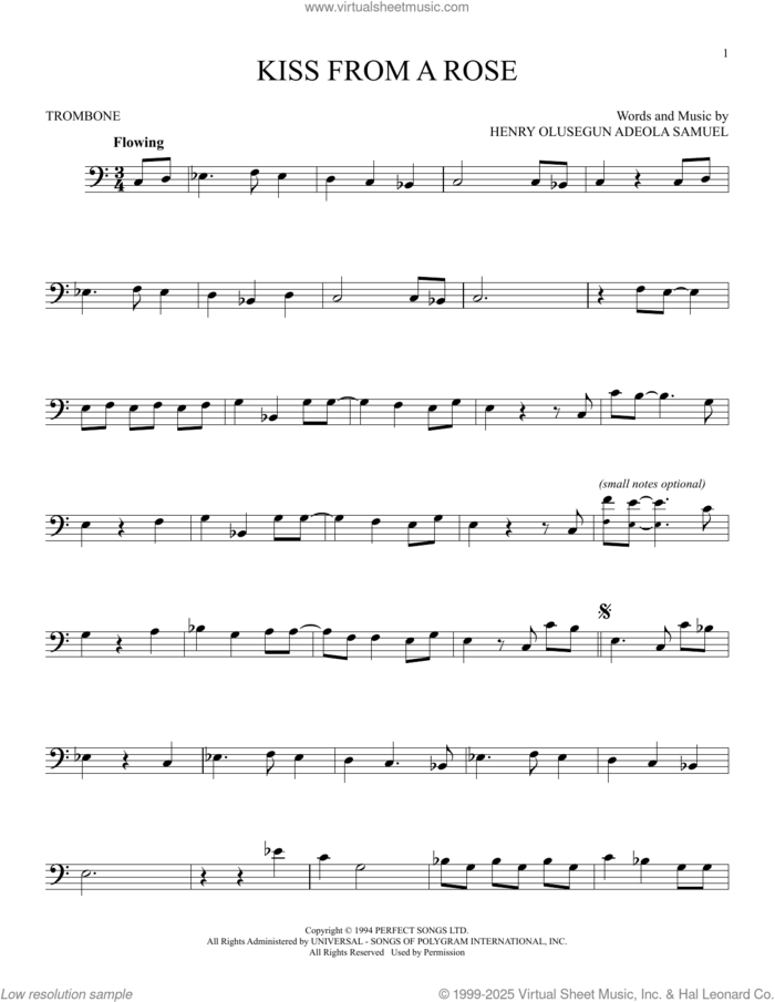 Kiss From A Rose sheet music for trombone solo by Manuel Seal and Henry Olusegun Adeola Samuel, intermediate skill level