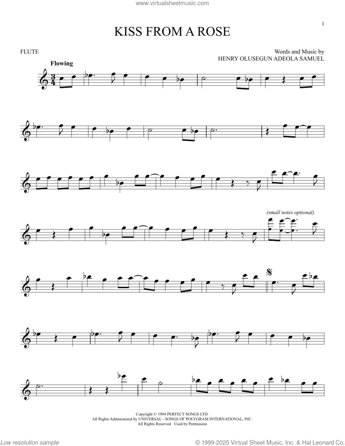 Kiss From A Rose sheet music for flute solo by Manuel Seal and Henry Olusegun Adeola Samuel, intermediate skill level