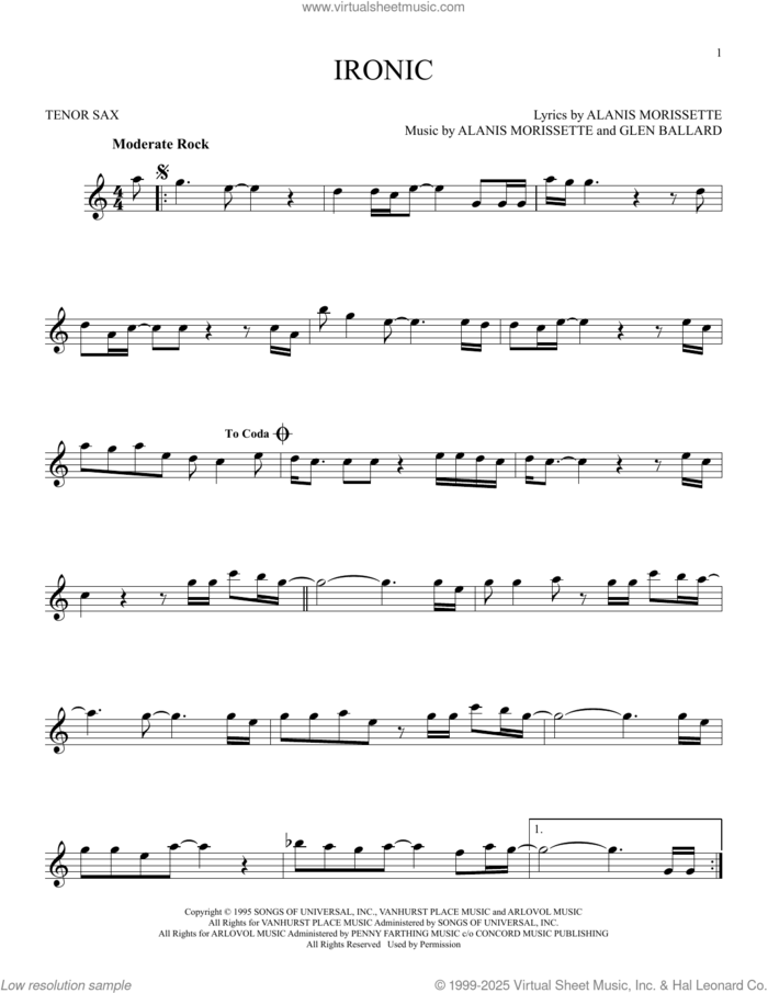 Ironic sheet music for tenor saxophone solo by Alanis Morissette and Glen Ballard, intermediate skill level