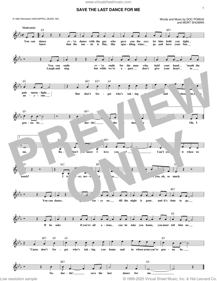 Save The Last Dance For Me sheet music for voice and other instruments (fake book) by The Drifters, Doc Pomus and Mort Shuman, intermediate skill level