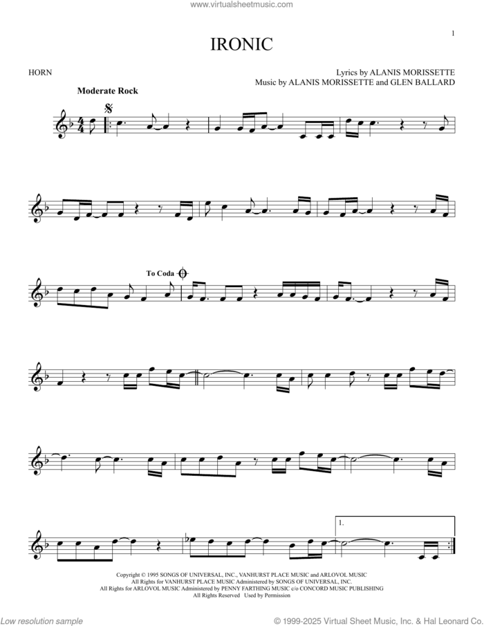 Ironic sheet music for horn solo by Alanis Morissette and Glen Ballard, intermediate skill level