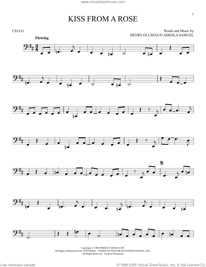 Kiss From A Rose sheet music for cello solo by Manuel Seal and Henry Olusegun Adeola Samuel, intermediate skill level