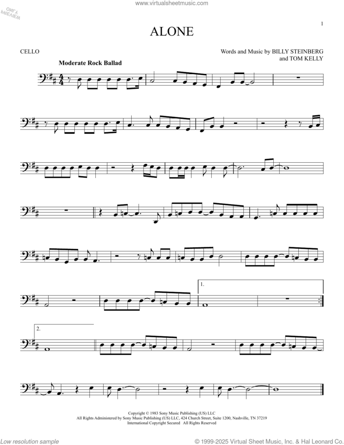 Alone sheet music for cello solo by Heart, Billy Steinberg and Tom Kelly, intermediate skill level