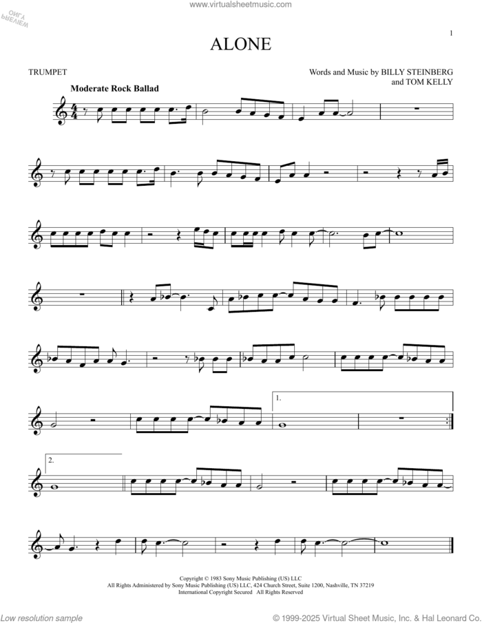 Alone sheet music for trumpet solo by Heart, Billy Steinberg and Tom Kelly, intermediate skill level