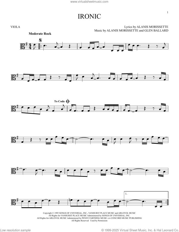 Ironic sheet music for viola solo by Alanis Morissette and Glen Ballard, intermediate skill level