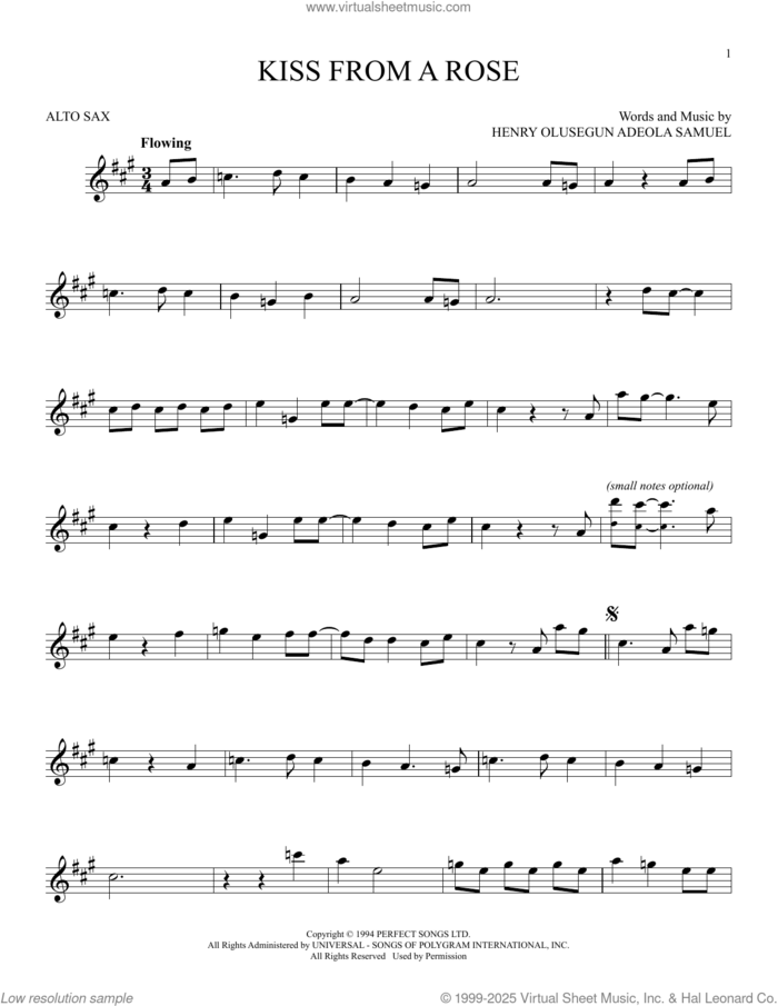 Kiss From A Rose sheet music for alto saxophone solo by Manuel Seal and Henry Olusegun Adeola Samuel, intermediate skill level