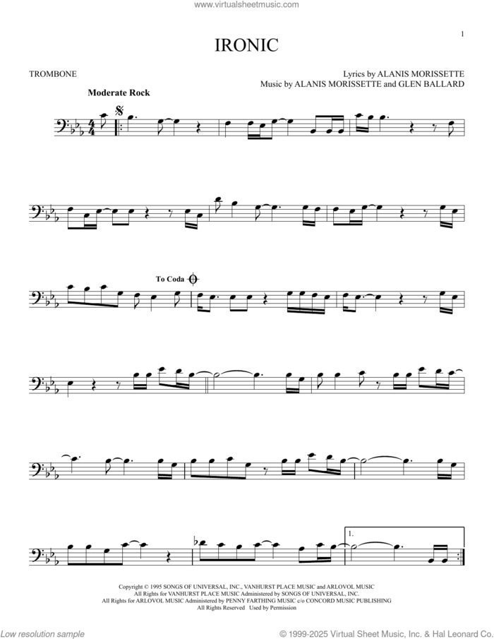 Ironic sheet music for trombone solo by Alanis Morissette and Glen Ballard, intermediate skill level