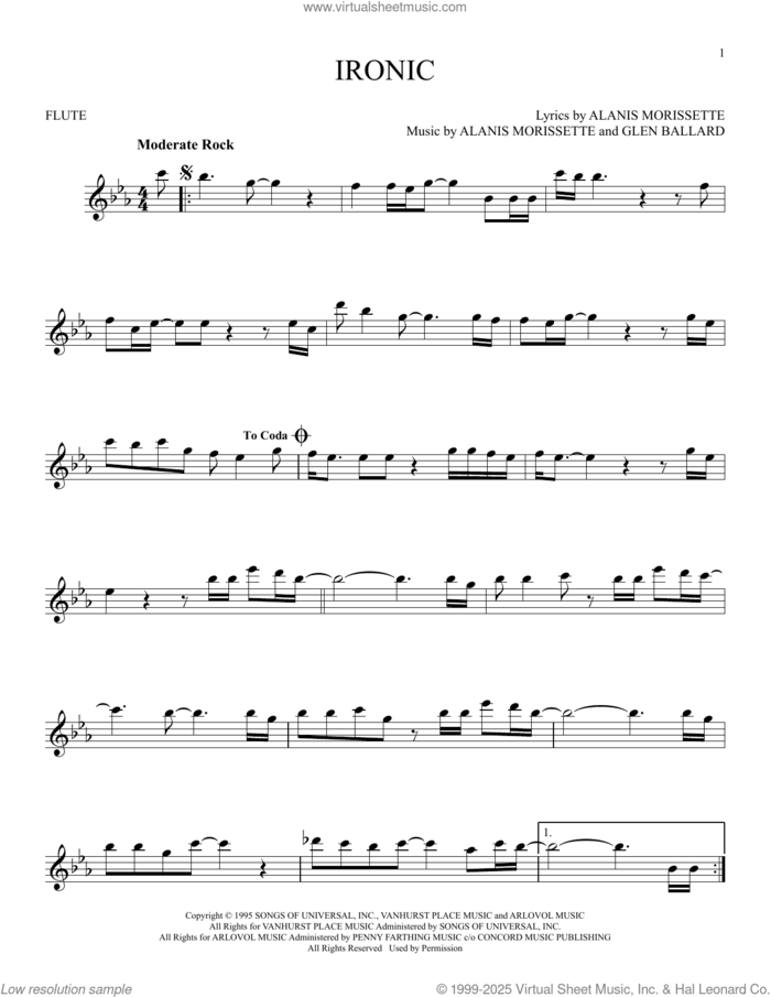 Ironic sheet music for flute solo by Alanis Morissette and Glen Ballard, intermediate skill level